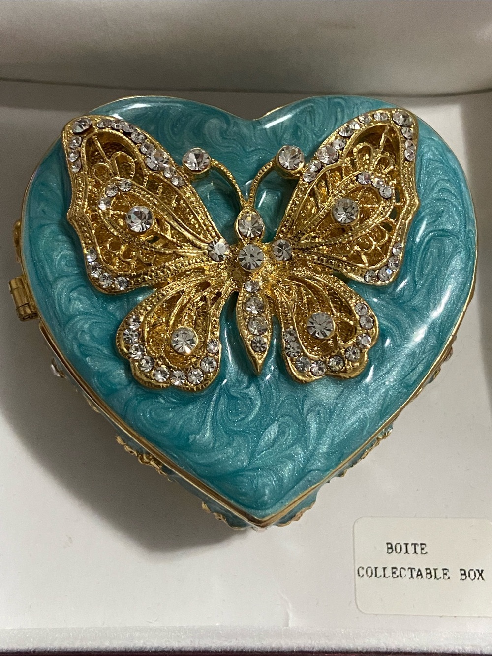 Vintage Teal Heart Trinket Box with Gold Butterfly Accent